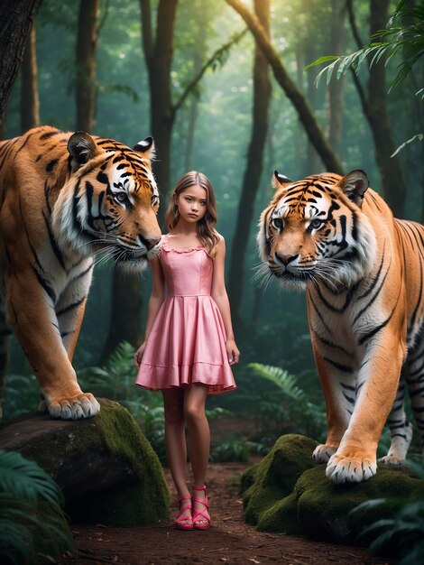 분홍색 드레스를 입은 소녀가 숲에서 호랑이와 함께 서 있습니다.