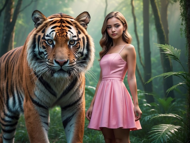 Photo a girl in a pink dress is standing with a tiger in the forest