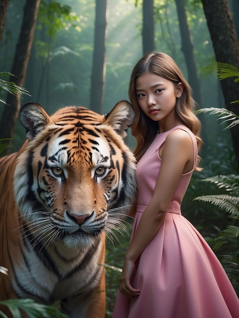 Photo a girl in a pink dress is standing with a tiger in the forest