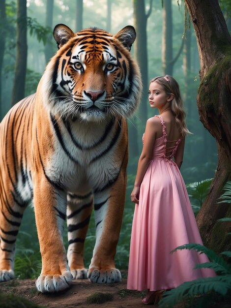 A girl in a pink dress is standing with a tiger in the forest