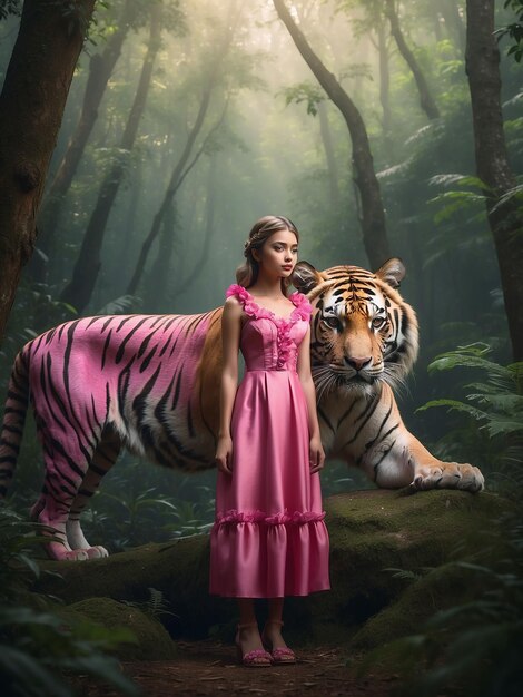 Photo a girl in a pink dress is standing with a tiger in the forest