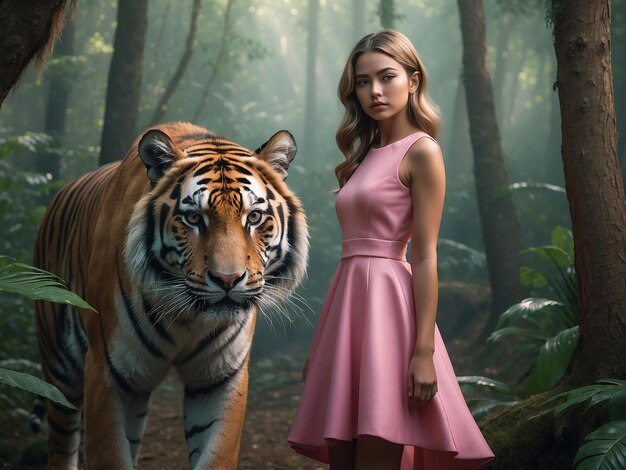 Photo a girl in a pink dress is standing with a tiger in the forest