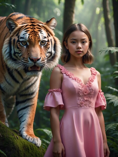 Photo a girl in a pink dress is standing with a tiger in the forest