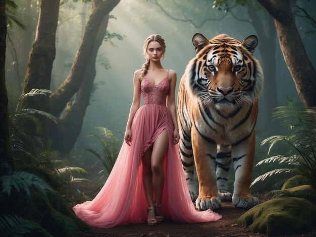 Photo a girl in a pink dress is standing with a tiger in the forest