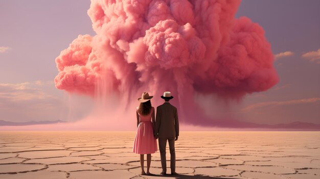 Photo a girl in a pink dress a man in a black suit stand against the background of a pink explosion