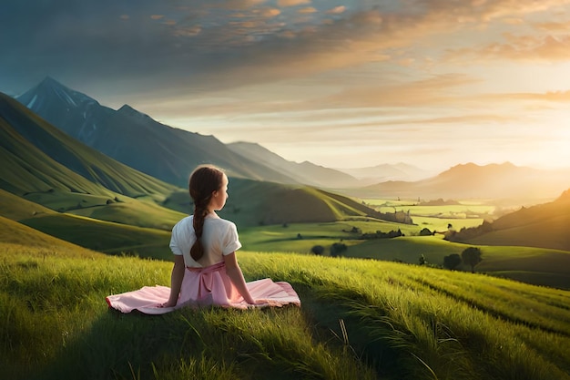 A girl in a pink dress sits in a field and looks at the sunset.