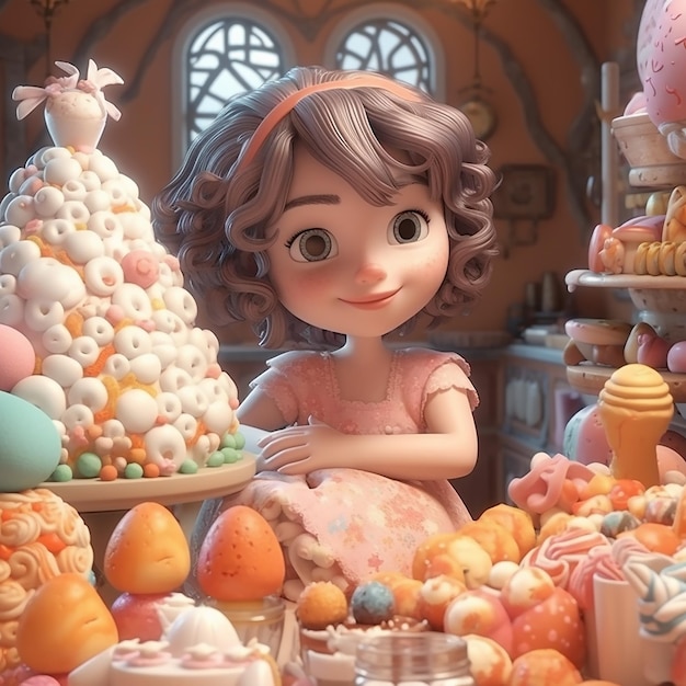 A girl in a pink dress sits in front of a cake with marshmallows on it.