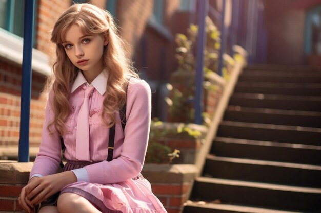 Photo a girl in a pink dress sits on a staircase and looks up.