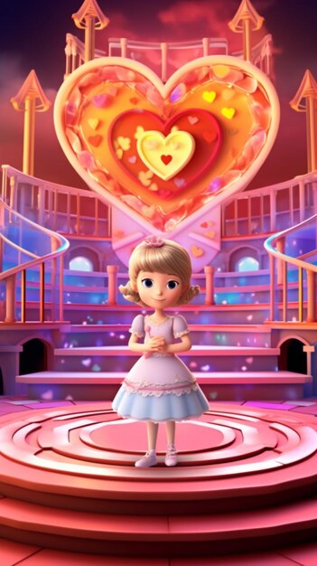 A girl in a pink dress stands in front of a heart shaped building.