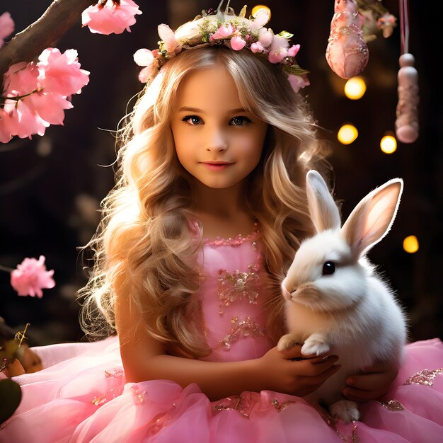 a girl in a pink dress with a bunny rabbit and a bunny