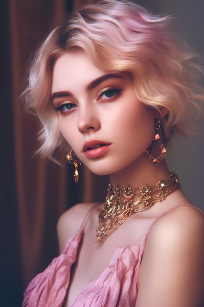 Girl in a pink dress with gold jewelry