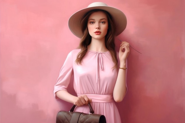 A girl in a pink dress with a hat and a bag