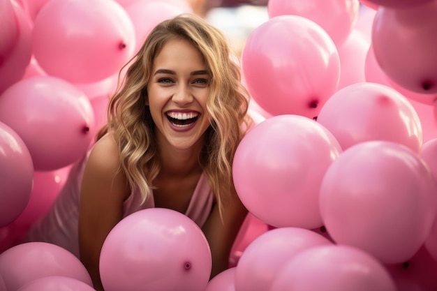 Girl in pink dress with pink balloons