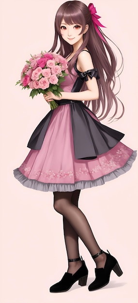 A girl in a pink dress with pink flowers