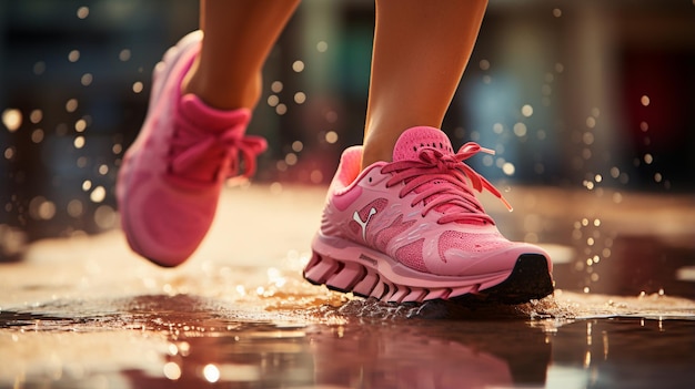 A girl in pink fitness running shoes runs a 10k race