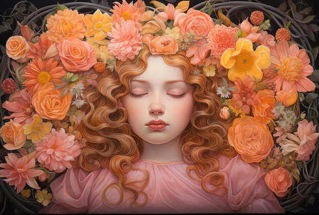 the girl in the pink flower crown is lying down in the style of light orange and amber