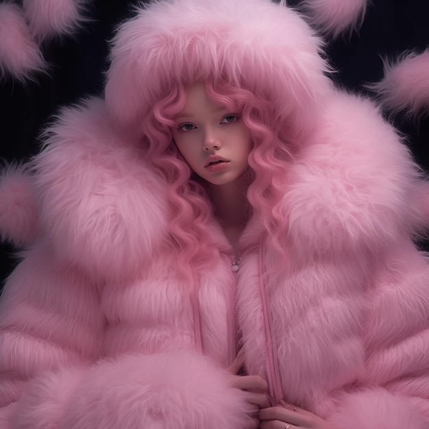 A girl in a pink fur coat with a pink fur hood.