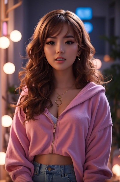 a girl in a pink hoodie with a light behind her