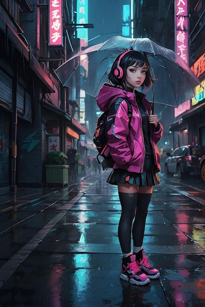 밤에 거리에서 우산과 함께 분홍색 레인코트를 입은 소녀