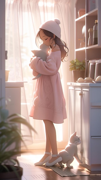 A girl in a pink sweater stands in a room with a book and a cat.