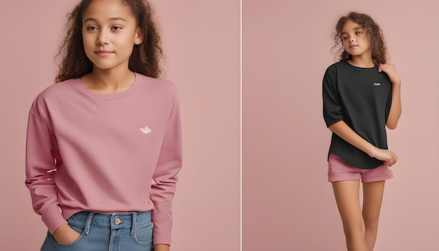 a girl in a pink sweater with a white logo on the front