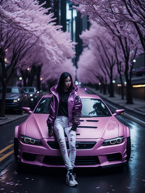 Photo girl in pink with pink retro car in summer