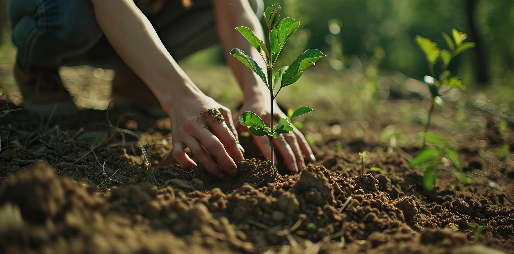 Девушка сажает зеленые растения в землю.