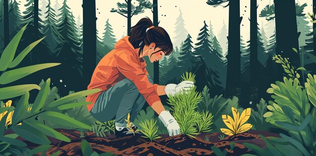 Girl planting green plants in the ground