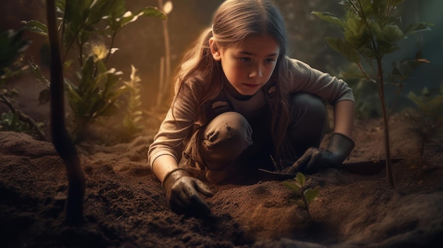 A girl planting a plant in the dark