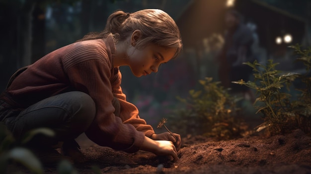 A girl planting a tree in the forest