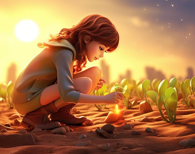 Photo girl planting young seeds of vegetables in the ground in the style of light orange and beige