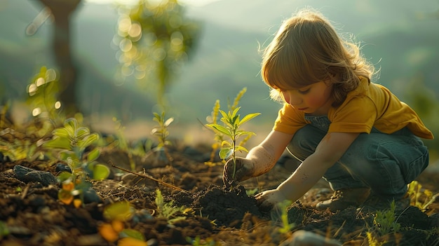 Photo the girl plants a small green plant in the prepared soil earth day