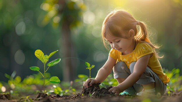 The girl plants a small green sprout in the ground Earth Day