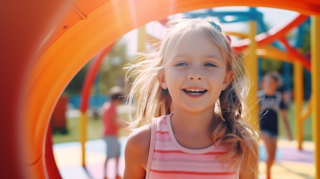 A girl in a playground with a yellow slide