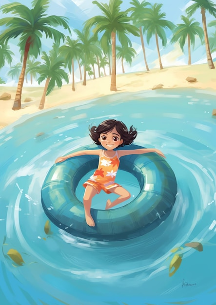 A girl playing on the beach illustration