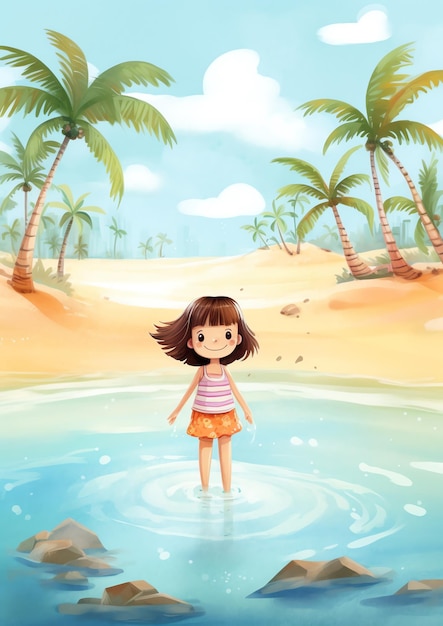 A girl playing on the beach illustration