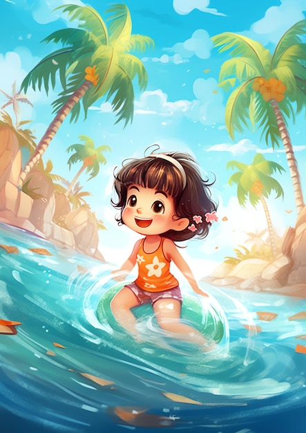 A girl playing on the beach illustration