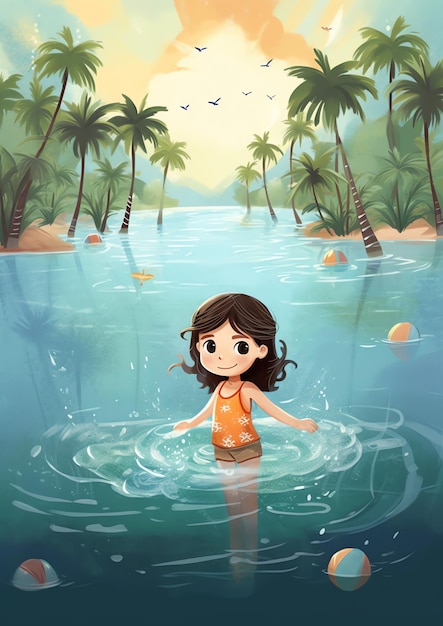 A girl playing on the beach illustration