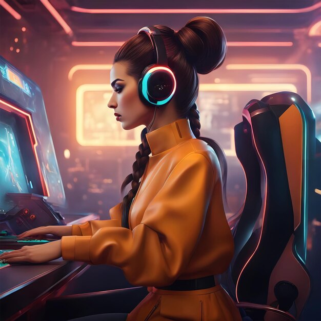 Photo girl playing computer game