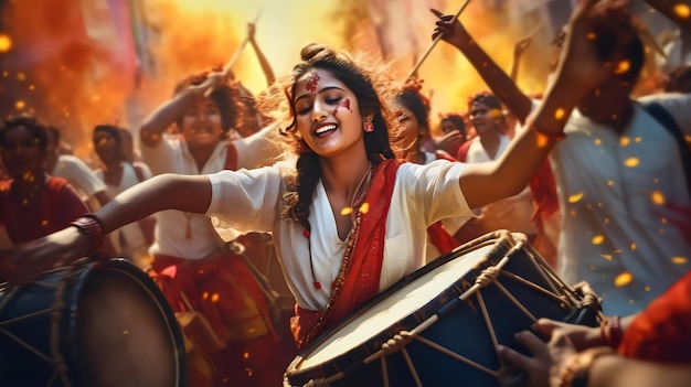 Girl playing drum and welcoming Hindu festivals