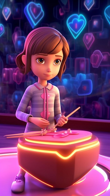 A girl playing a drum with a pink heart on the top.