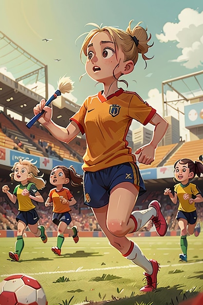 girl playing football with friends on campus happy childhood cartoon wallpaper background