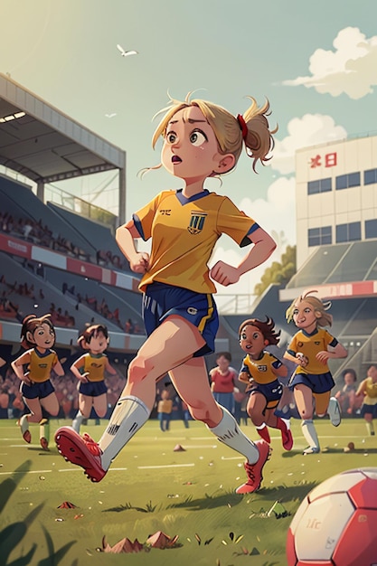 girl playing football with friends on campus happy childhood cartoon wallpaper background