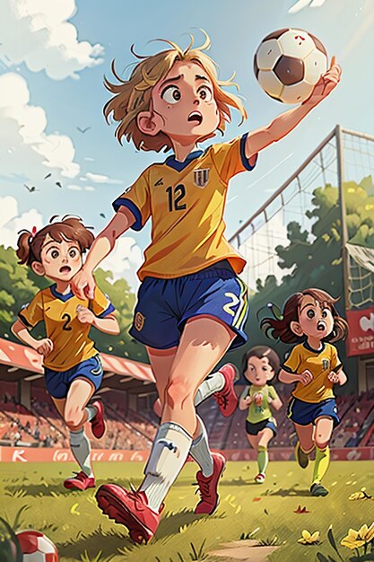 girl playing football with friends on campus happy childhood cartoon wallpaper background