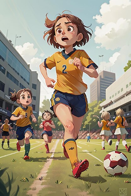 Girl playing football with friends on campus happy childhood cartoon wallpaper background