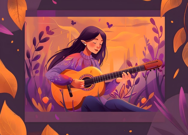 Photo girl playing guitar in autumn forest illustration of a girl with a guitar