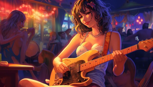 A girl playing a guitar in a bar