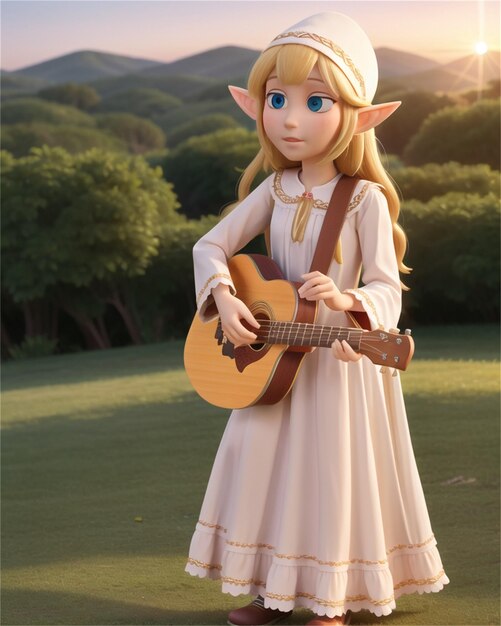 a girl playing a guitar in a field with the sun behind her.