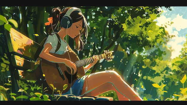 a girl playing guitar and listening to music