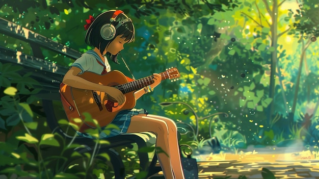 Photo a girl playing guitar and listening to music